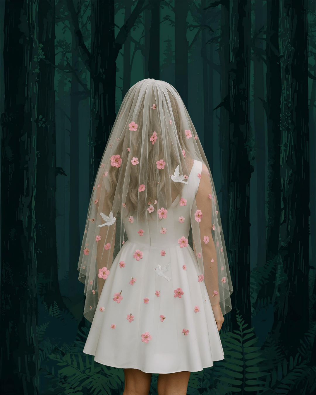 Cherry Blossom & Doves Finger Tip Length Veil - Embroider My Name