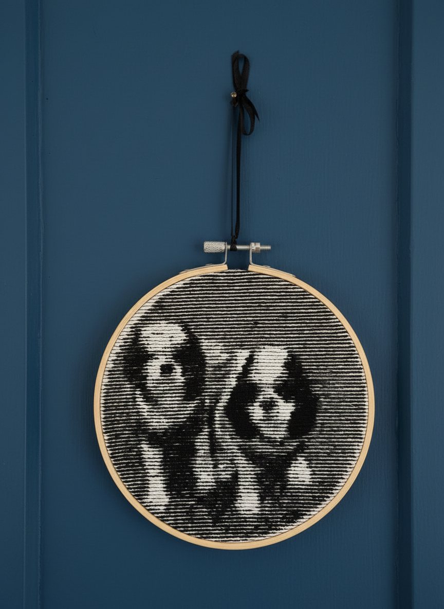 Digitally embroidered pet portrait in black thread on ivory calico