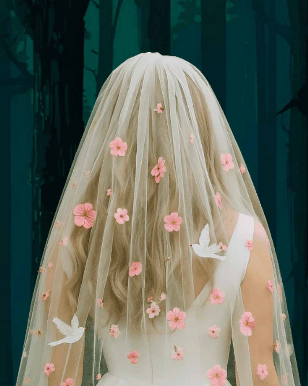 Cherry Blossom & Doves Finger Tip Length Veil - Embroider My Name