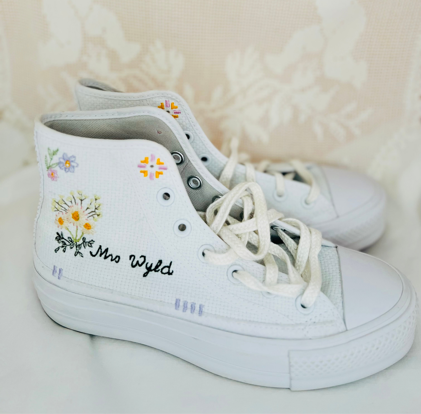 Embroidery to match your wedding flowers & name, date & initials - Converse sides & backs