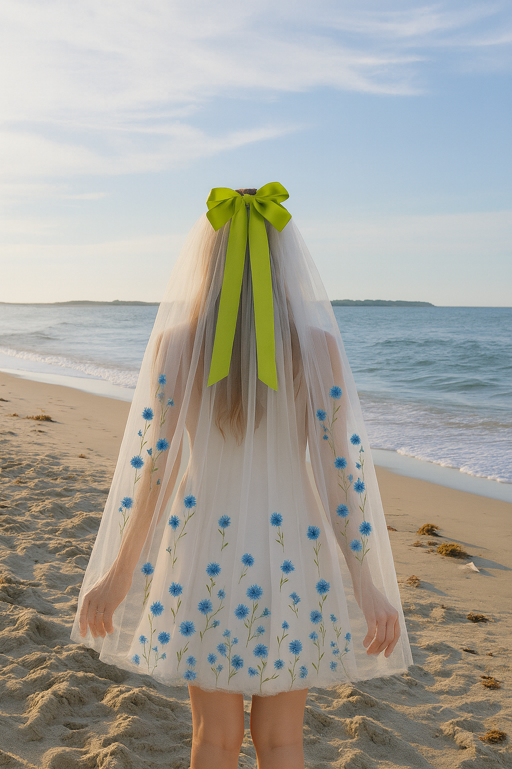 Forget Me Knot & Cornflowers Embroidered Finger Tip Length Veil