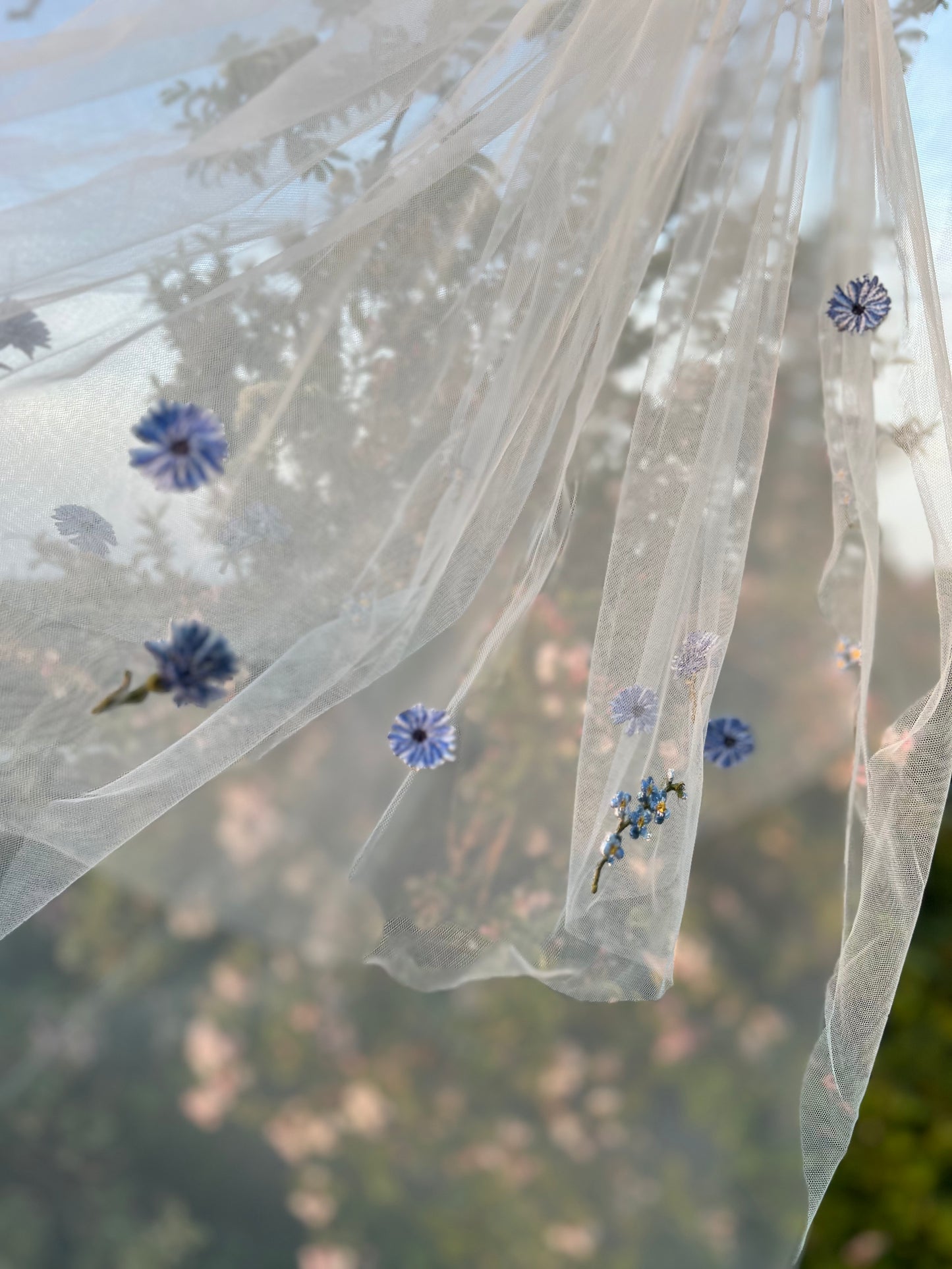 Forget Me Knot & Cornflowers Embroidered Finger Tip Length Veil