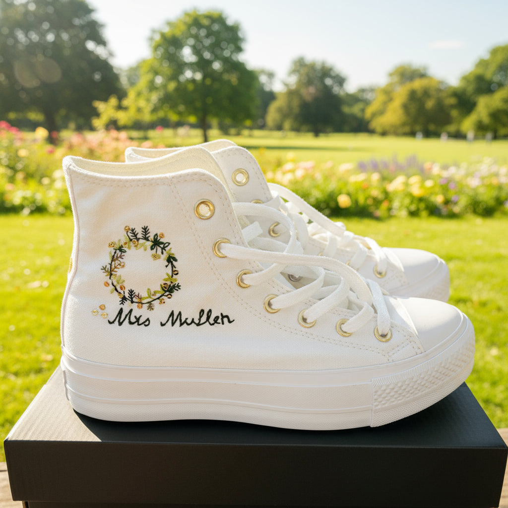 Wreath Style Embroidery For Personalised Wedding Converse