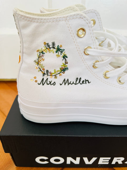 Customised Embroidered wreath & name & wedding date & initials for Converse sides & backs