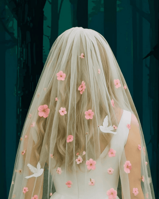 Cherry Blossom & Doves Finger Tip Length Veil