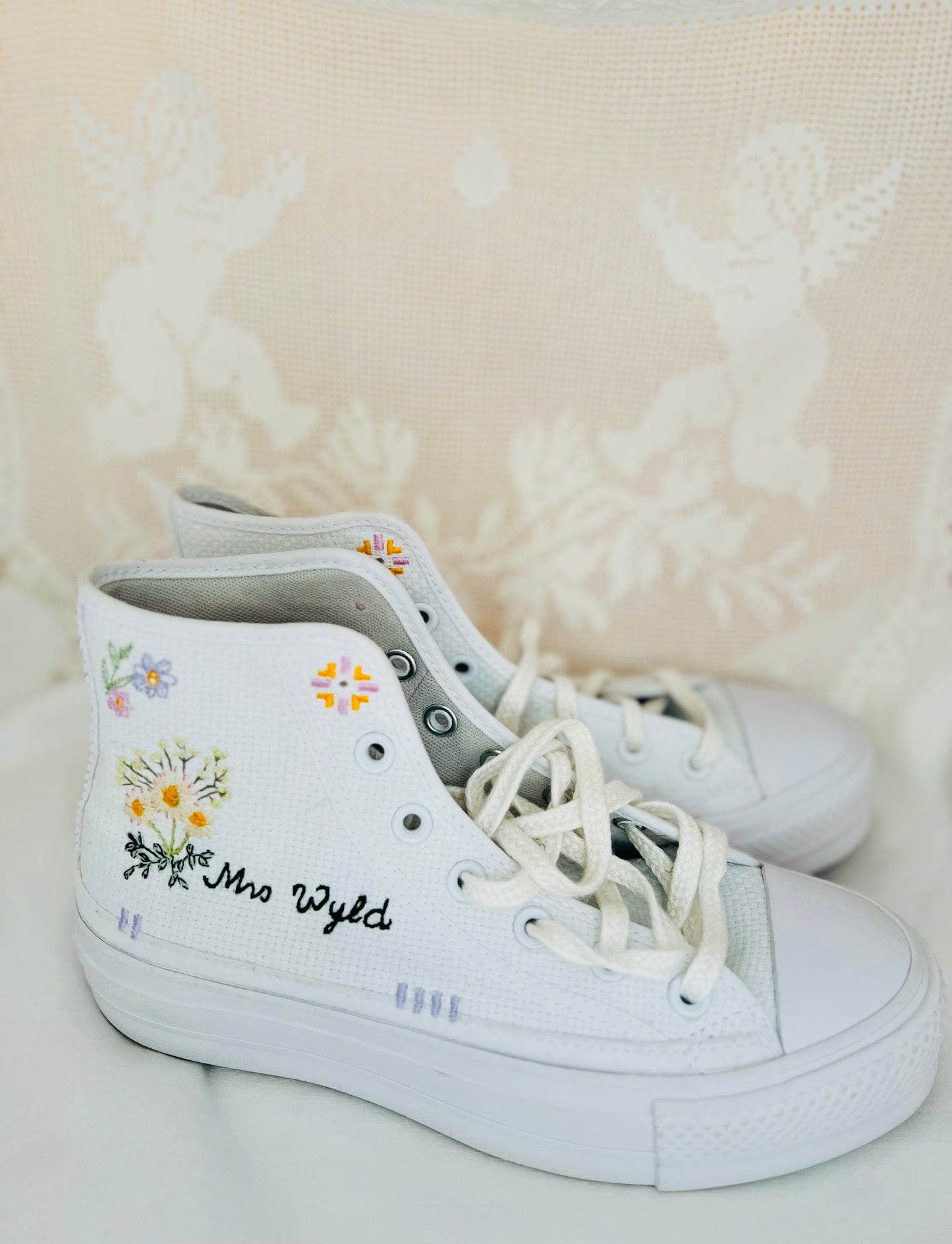 Embroidery to match your wedding flowers & name, date & initials - Converse sides & backs