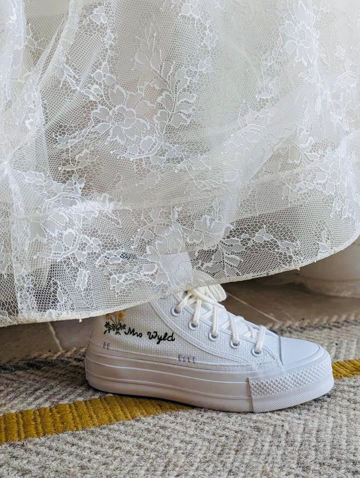 Embroidery to match your wedding flowers & name, date & initials - Converse sides & backs